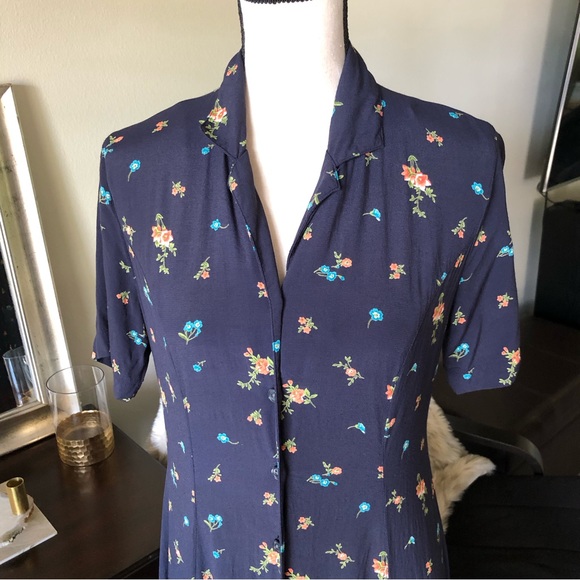 Vtg Eddie Bauer navy floral cottagecore prairie midi shirt dress button down M - Picture 2 of 13